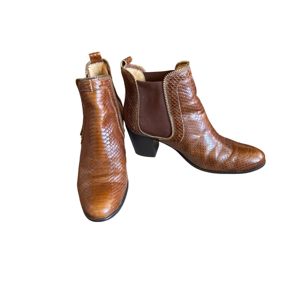 Donna Karan Ankle Boots Womens 8.5 Brown Snakeskin Embossed Leather Block Heel